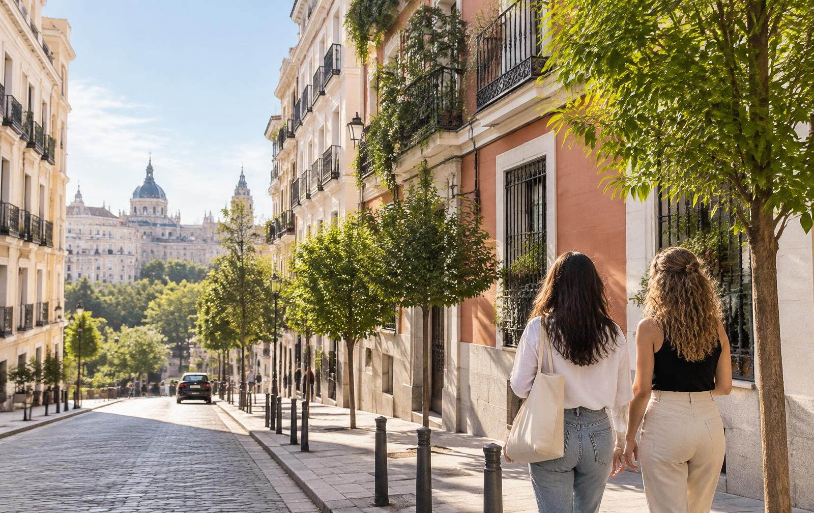 Dos personas pasean por una calle soleada de España